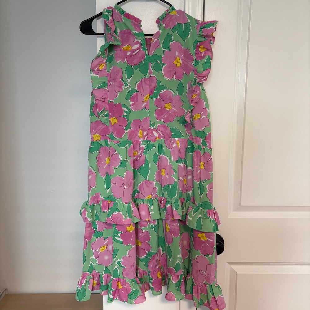 Staccato Dress Womens L Green Pink Floral Ruffle Tiered Sleeveless Casual - Picture 2 of 8
